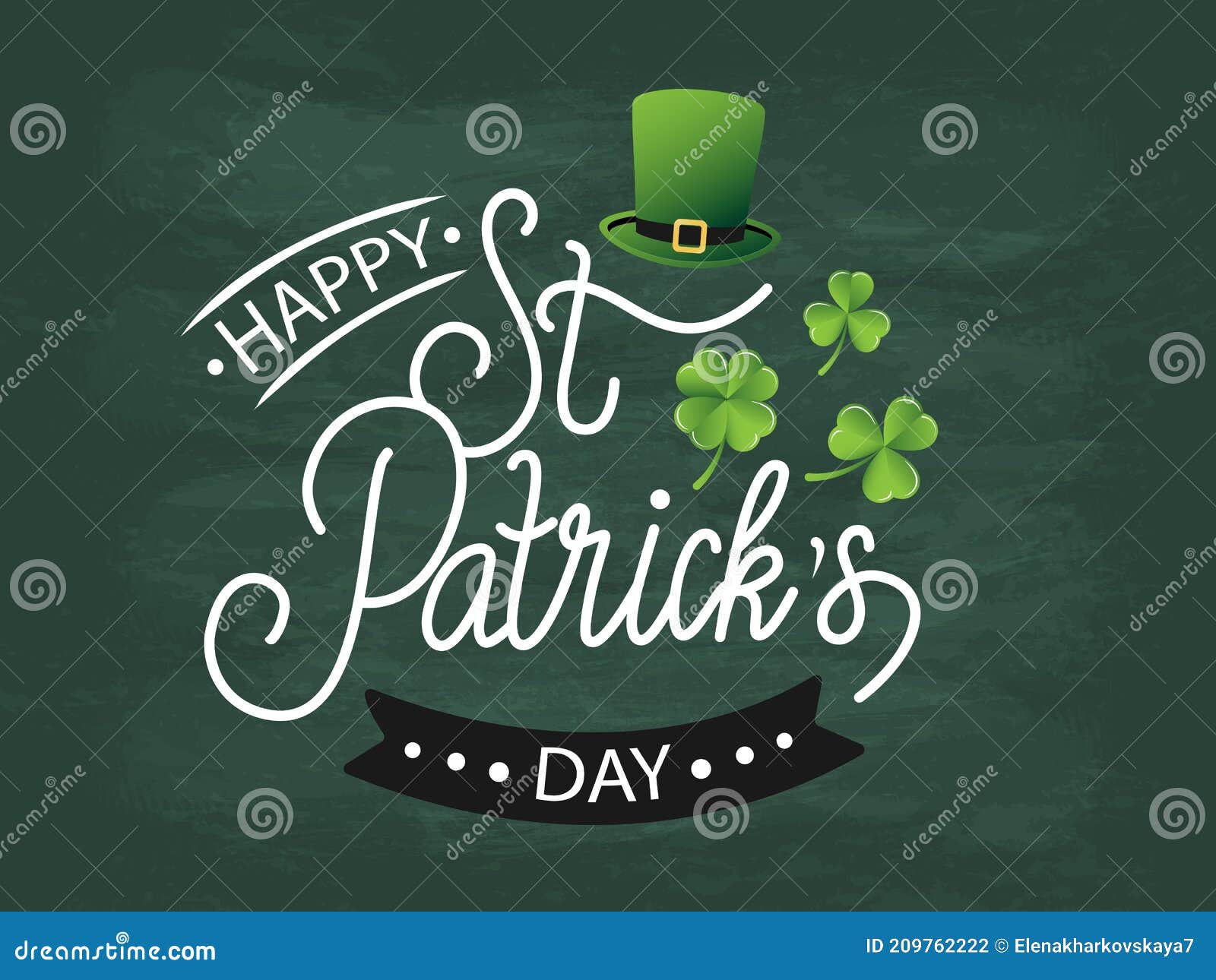   of happy st. patrick's day logo. hand drawn text with leprechaun's hat on green chalkboard